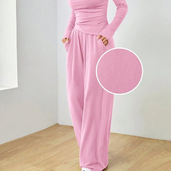 Pink Casual Women's Long Sleeve Blouse And Pants lounge Coord Set - Picture 4 of 7